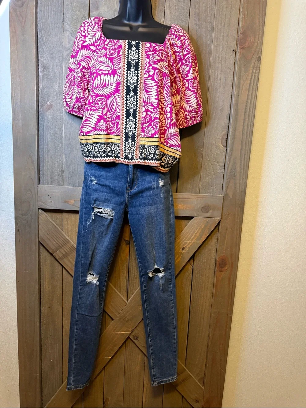LOFT Fuchsia and Cream Floral Square-Neck Blouse with Black Trim